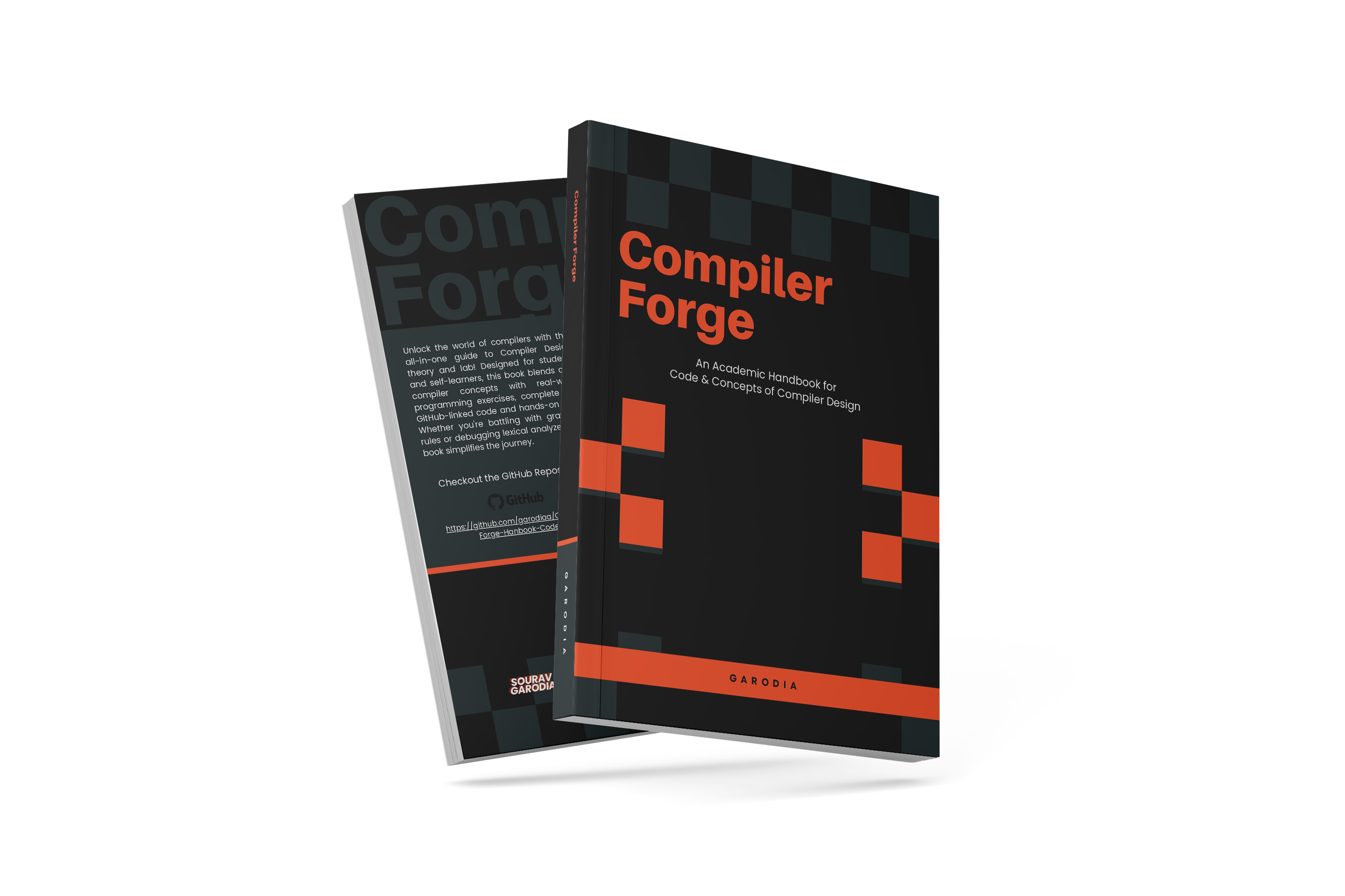 Compiler Forge academic handbook mockup showing the front and back covers